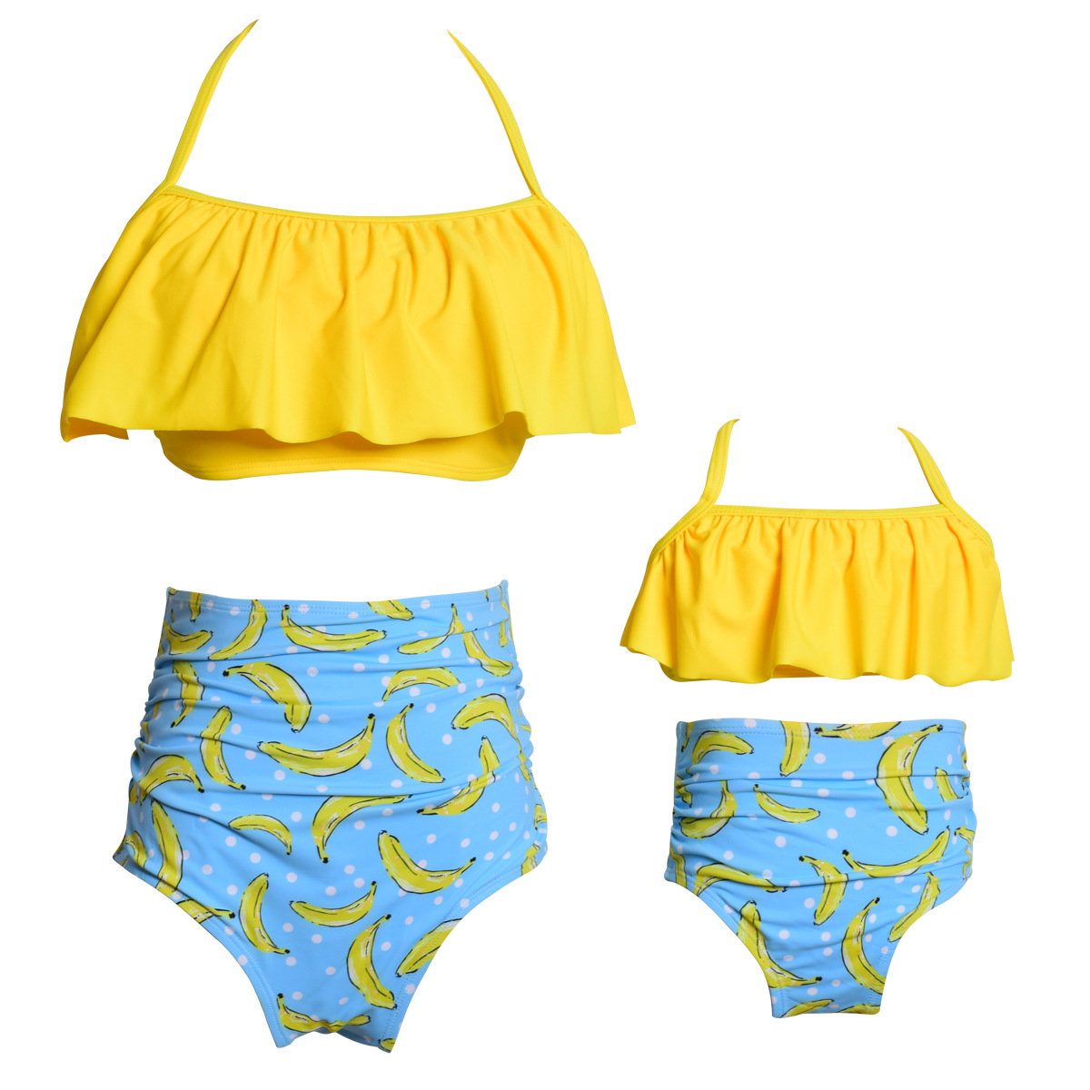 Two-piece swimsuit with yellow top and blue banana-patterned bottoms for mommy and daughter - ChildAngle