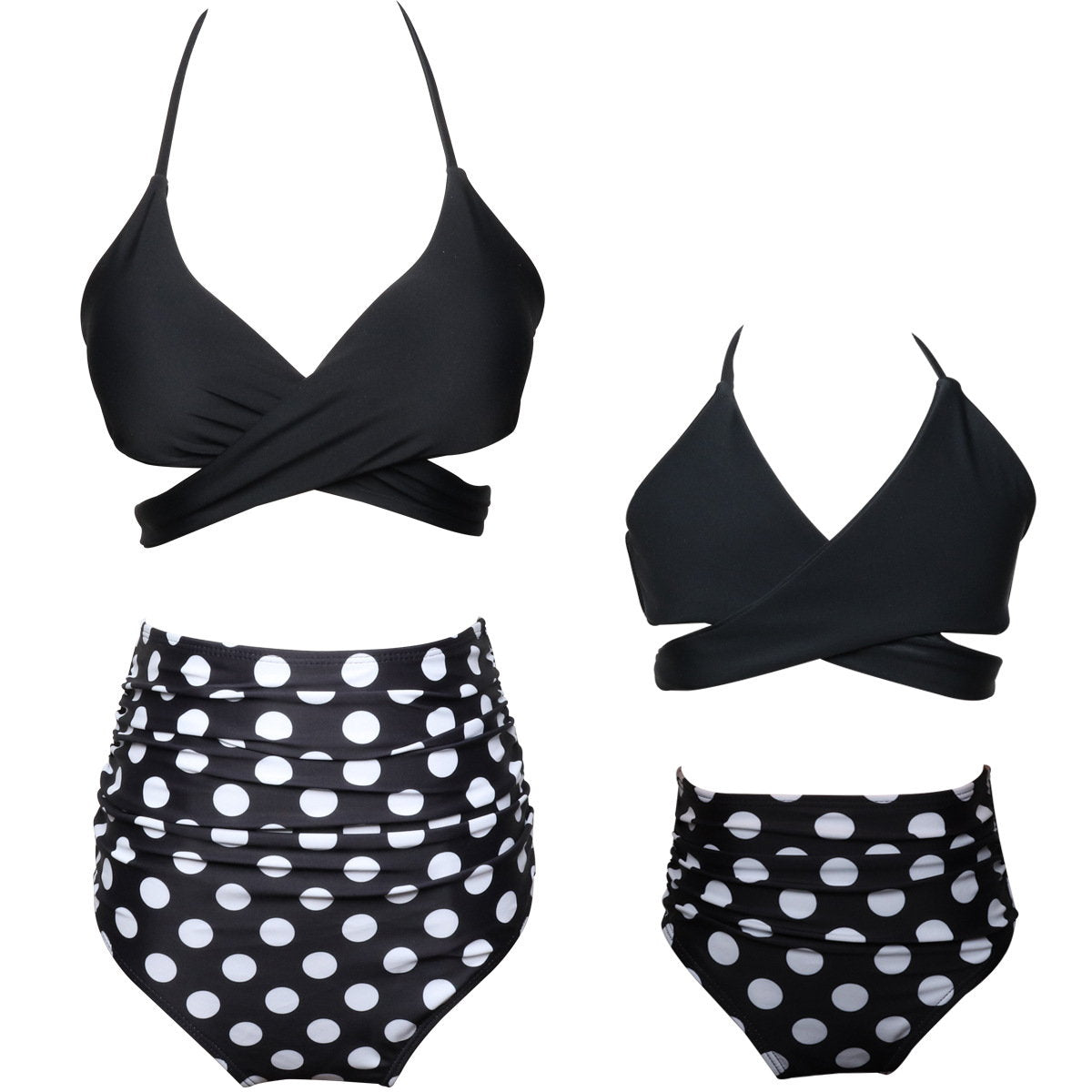 Black bikini top with a twisted design and polka dot high-waisted shorts  Mommy and Daughter - ChildAngle