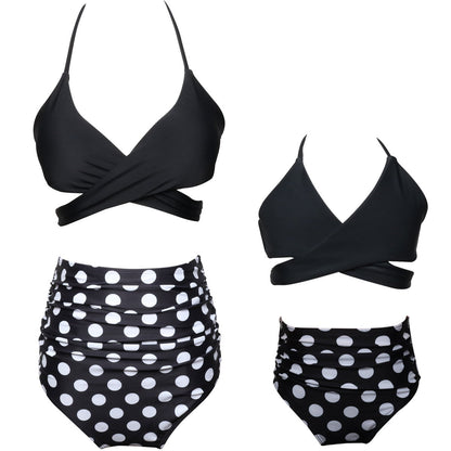 Black bikini top with a twisted design and polka dot high-waisted shorts  Mommy and Daughter - ChildAngle