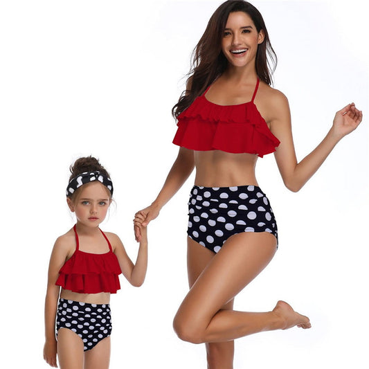 Mommy and Me matching red and black polka dot swimwear - ChildAngle