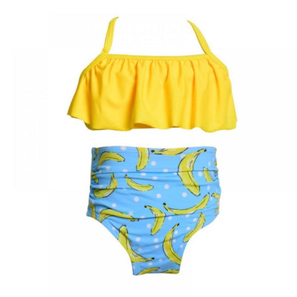 Two-piece swimsuit with yellow top and blue bottom with banana pattern - ChildAngle