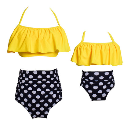 Yellow bikini top with black polka dot bottom for mommy and daughter - ChildAngle