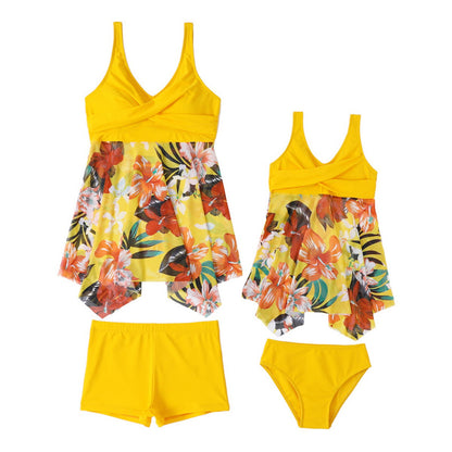 Yellow swimsuit with floral design Tankini Set - ChildAngle