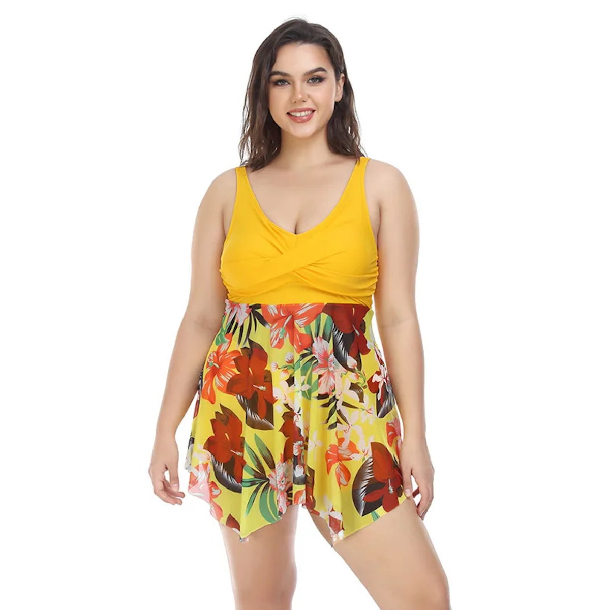 Woman wearing a yellow floral dress - ChildAngle