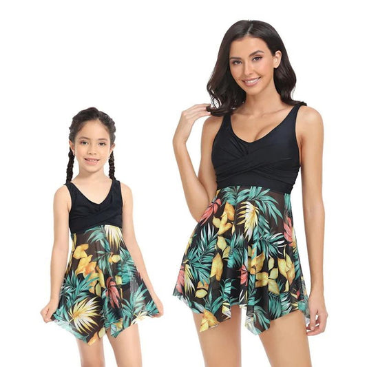 Mommy and Me Matching Swimsuits black tank tops with colorful floral skirts - ChildAngle