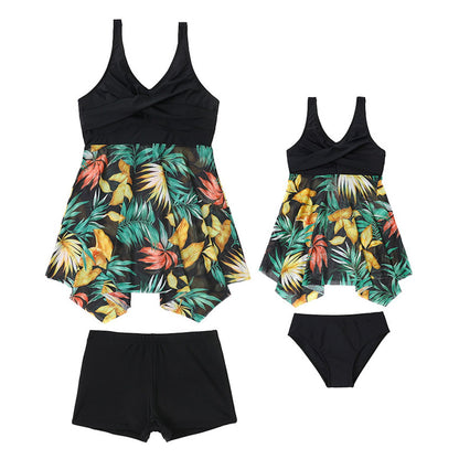 Black tank top with tropical leaf pattern and black shorts - ChildAngle