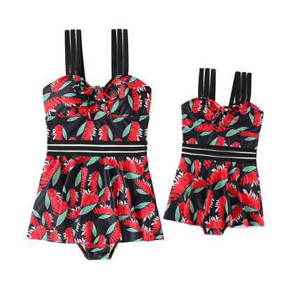 Two matching swimsuits with red floral pattern - ChildAngle