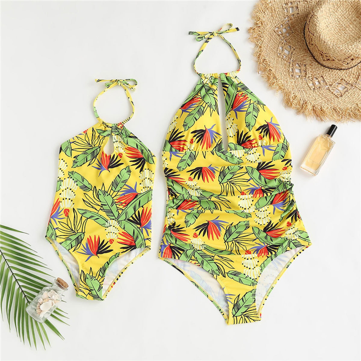 Mommy and Me Yellow one piece swimsuit with tropical leaf pattern - ChildAngle