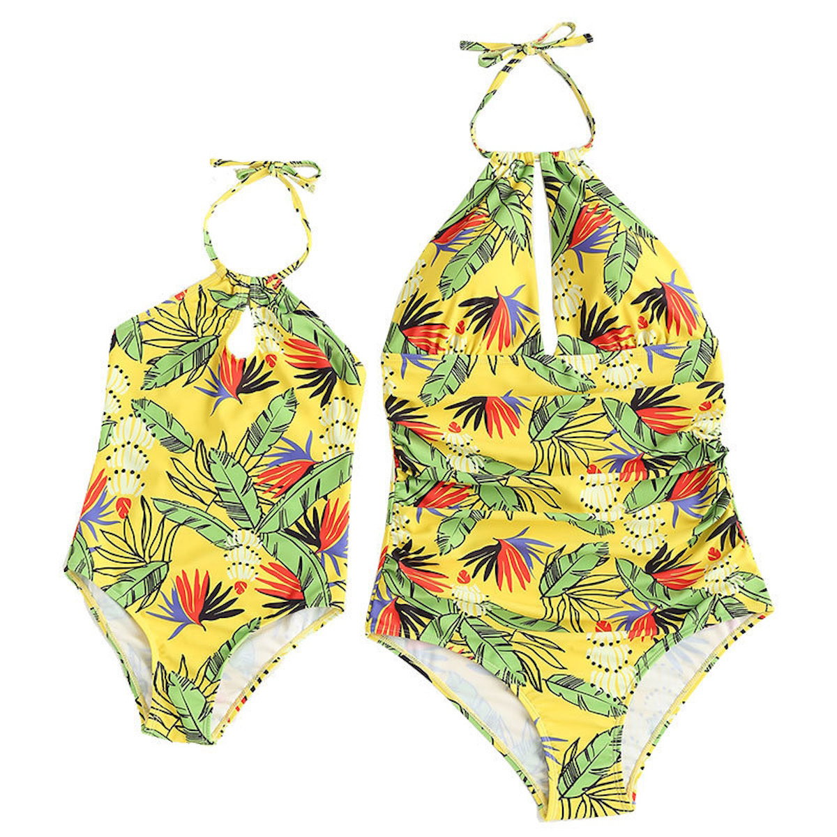 Mommy and Me Yellow one piece swimsuit with tropical leaf pattern - ChildAngle