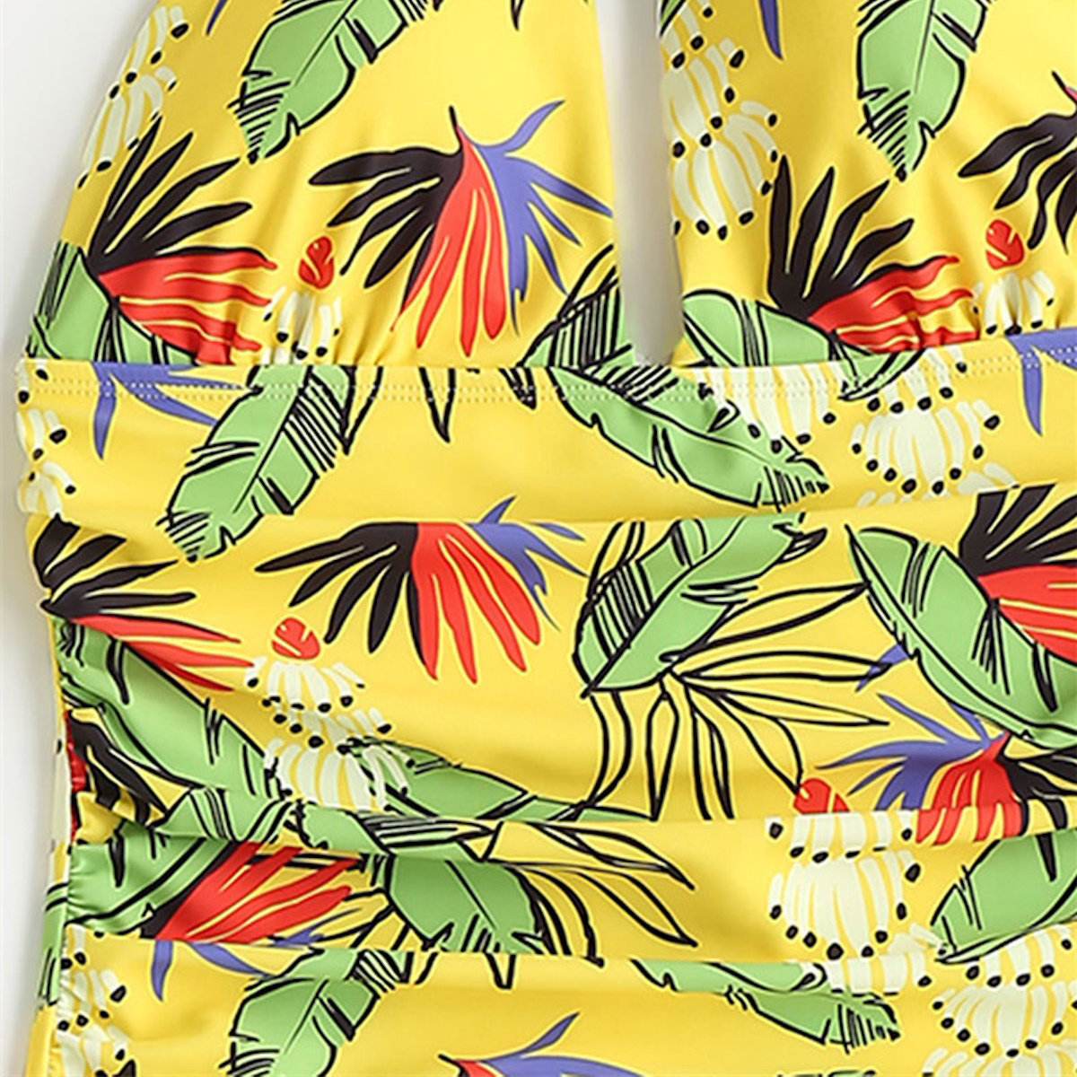Mommy and Me Yellow one piece swimsuit with tropical leaf pattern - ChildAngle