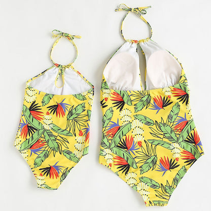 Mommy and Me Yellow one piece swimsuit with tropical leaf pattern - ChildAngle