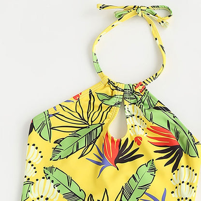 Mommy and Me Yellow one piece swimsuit with tropical leaf pattern - ChildAngle