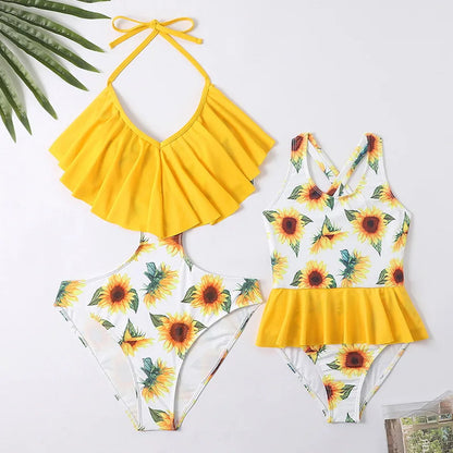Yellow Sunflower Ruffle Neck Tie Cutout Waist One Piece Swimwear for Mommy and Me - ChildAngle