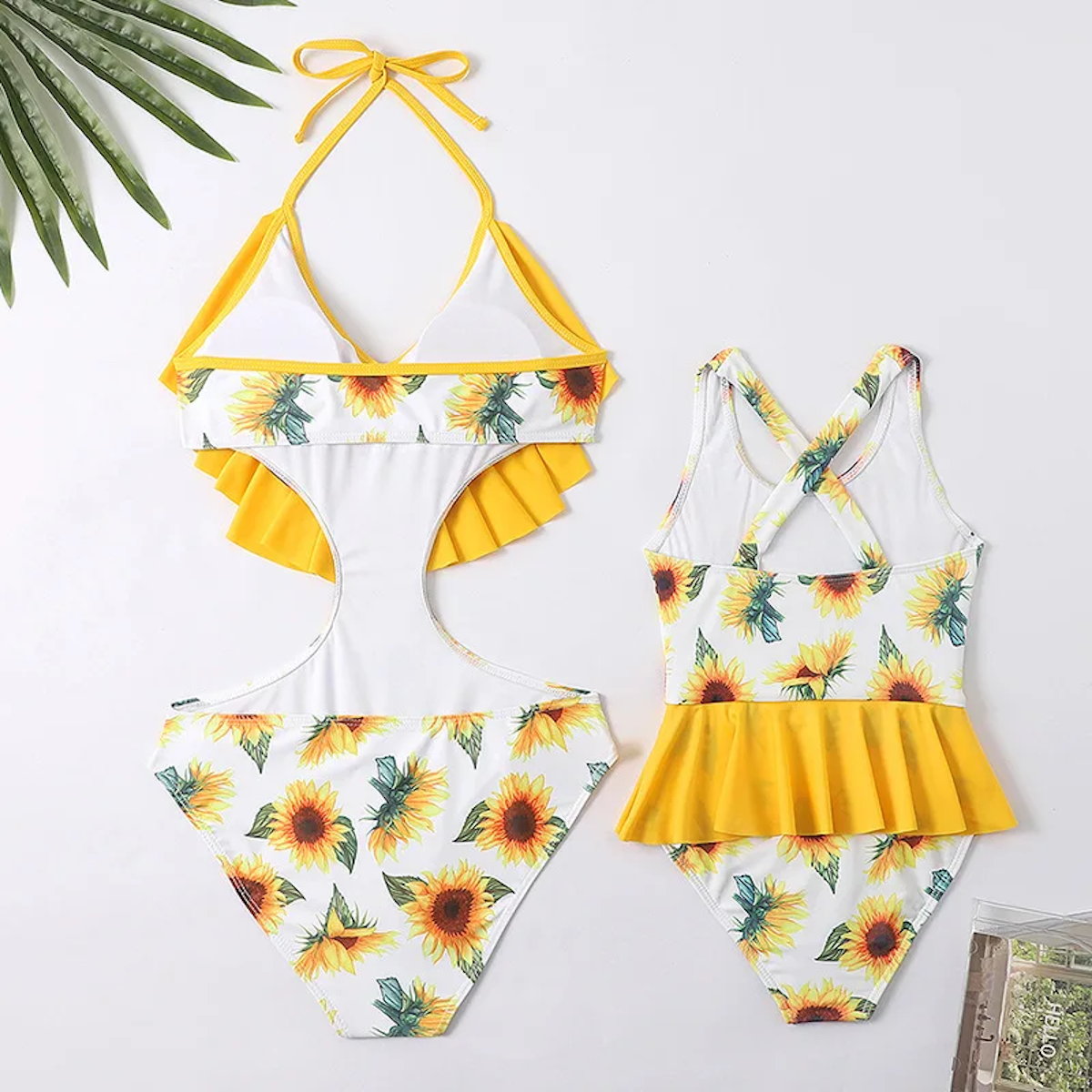 Yellow Sunflower Ruffle Neck Tie Cutout Waist One Piece Swimwear for Mommy and Me - ChildAngle