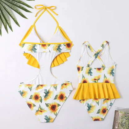 Yellow Sunflower Ruffle Neck Tie Cutout Waist One Piece Swimwear for Mommy and Me - ChildAngle