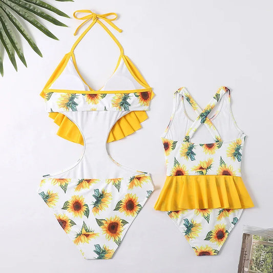Yellow Sunflower Ruffle Neck Tie Cutout Waist One Piece Swimwear for Mommy and Me - ChildAngle