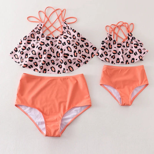 Mommy and Me Matching leopard print tops and coral Bikini Set - ChildAngle