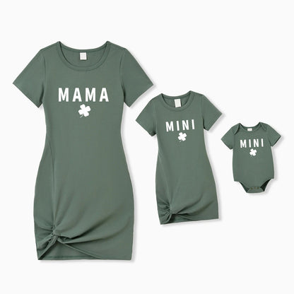 Mommy and Me St. Patrick's Day Matching Mama and Mini Bodycon Army Green 4 Leaves Clover for Mother and Daughter - ChildAngle