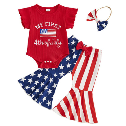Baby outfit set with red bodysuit, blue pants, and headband featuring American flag design - ChildAngle