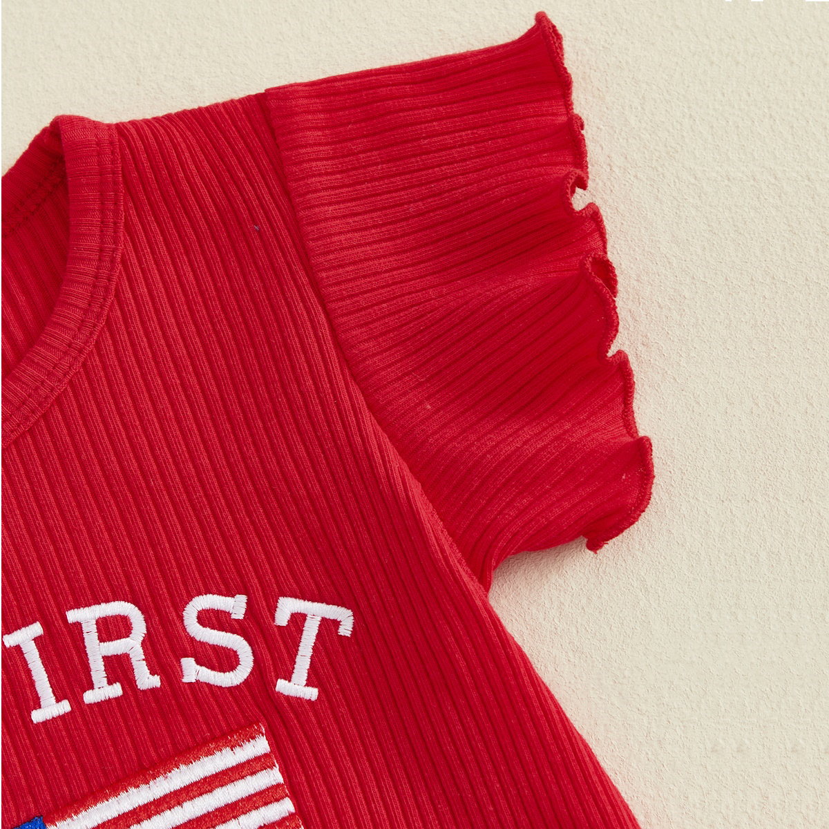 Red ribbed romper with 'MY FIRST 4TH OF JULY' text - ChildAngle