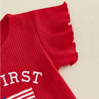 Red ribbed romper with 'MY FIRST 4TH OF JULY' text - ChildAngle