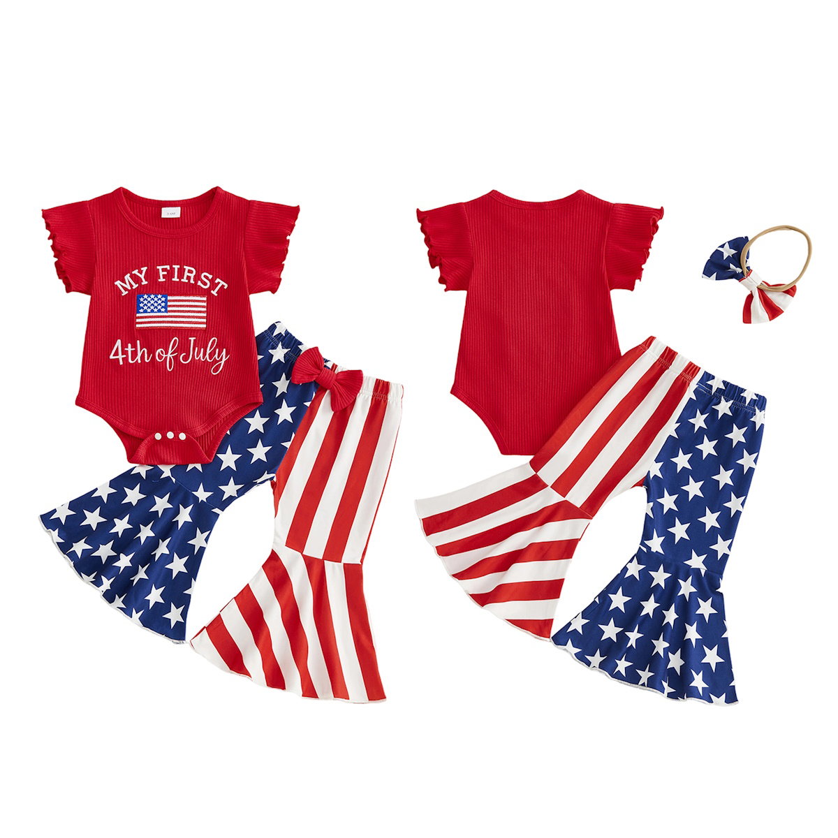 Baby outfit set with red bodysuit, striped and star-patterned pants - ChildAngle