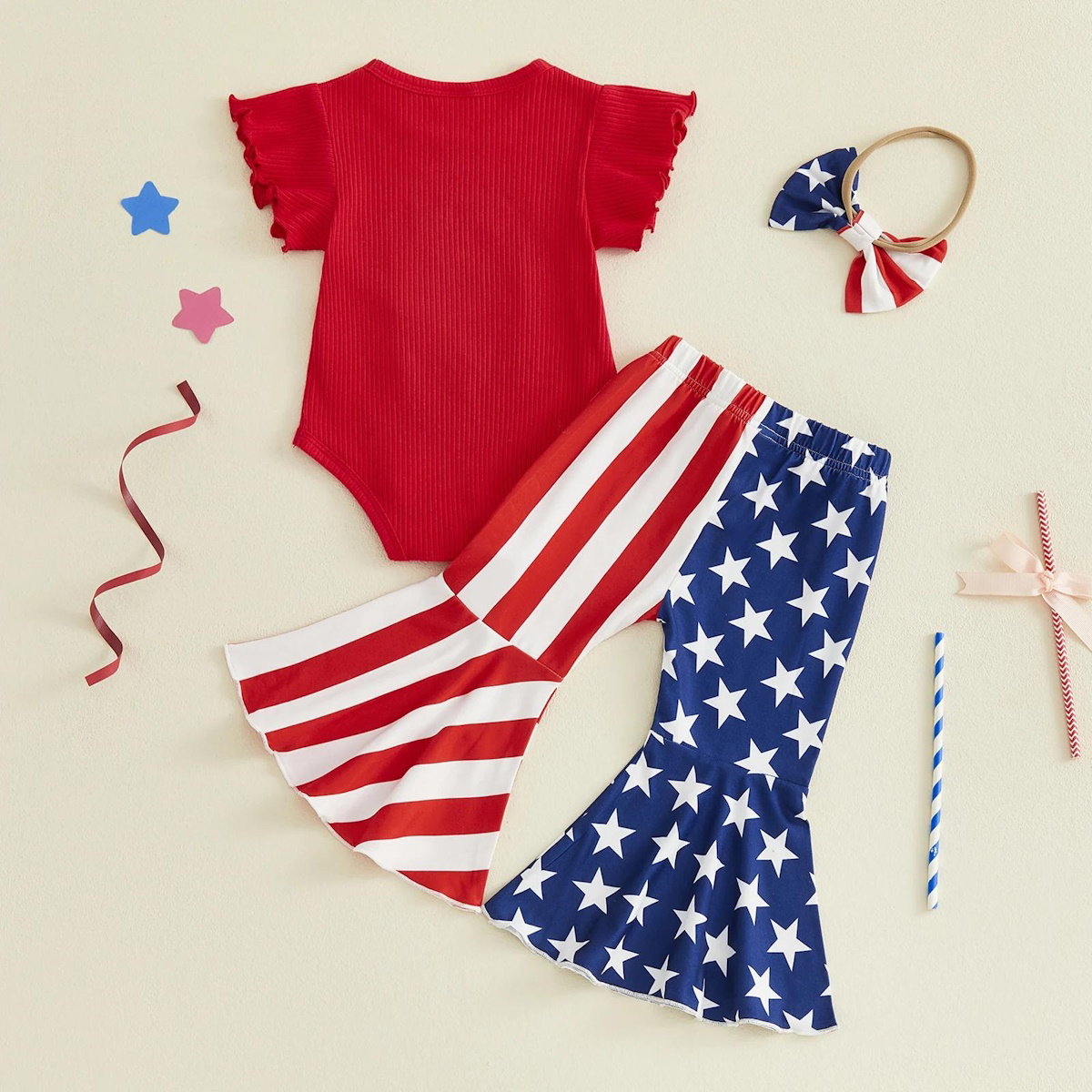 Children's outfit with red bodysuit, American striped and star pants, and headband - ChildAngle