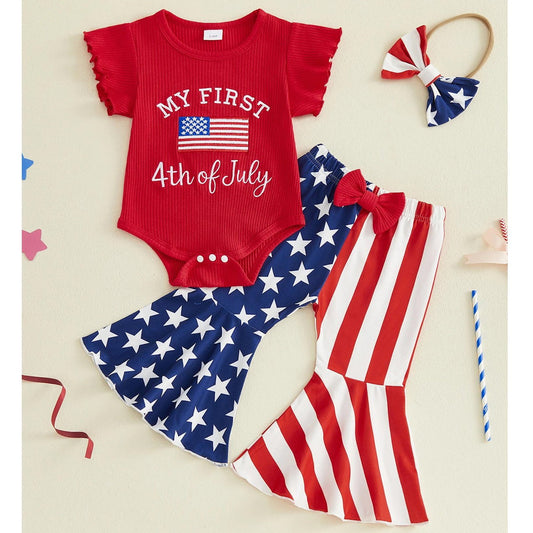 Baby outfit set with red onesie, Red and white striped  and blue and white pants with headband - ChildAngle