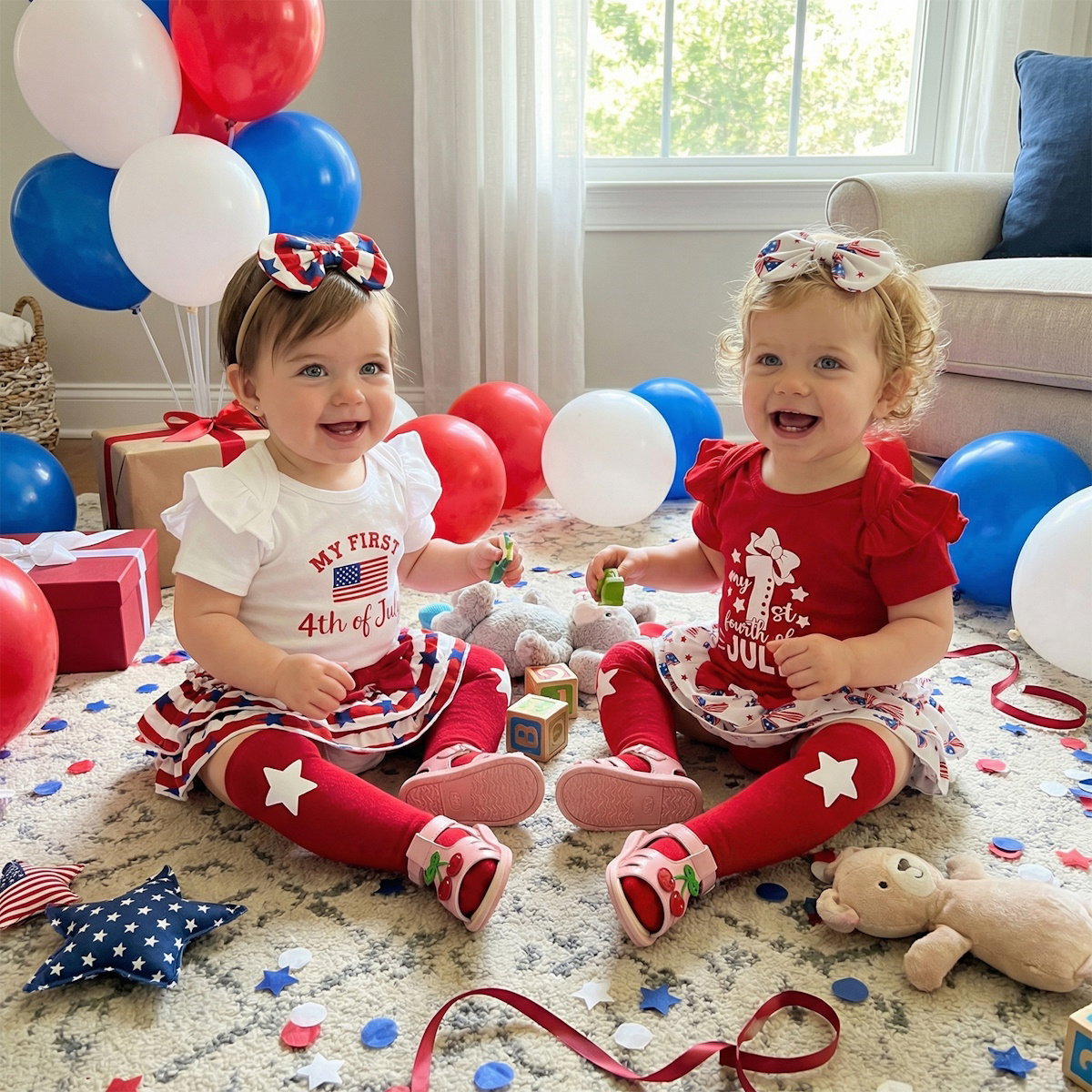 Baby girls patriotic outfits with balloons and confetti - ChildAngle