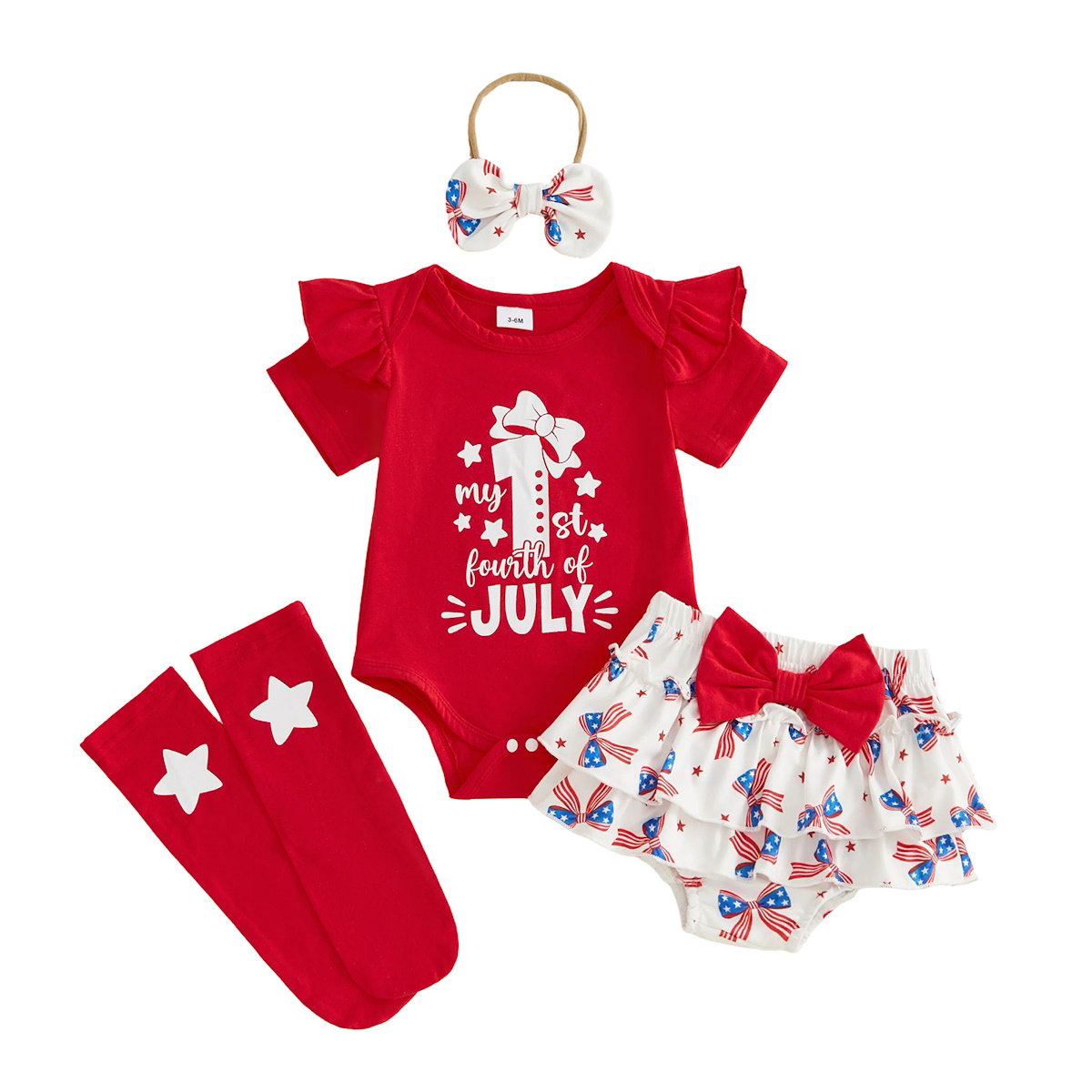 Baby outfit set with red bodysuit, white Tiered shorts, socks, and headband for 4th of July celebration - ChildAngle