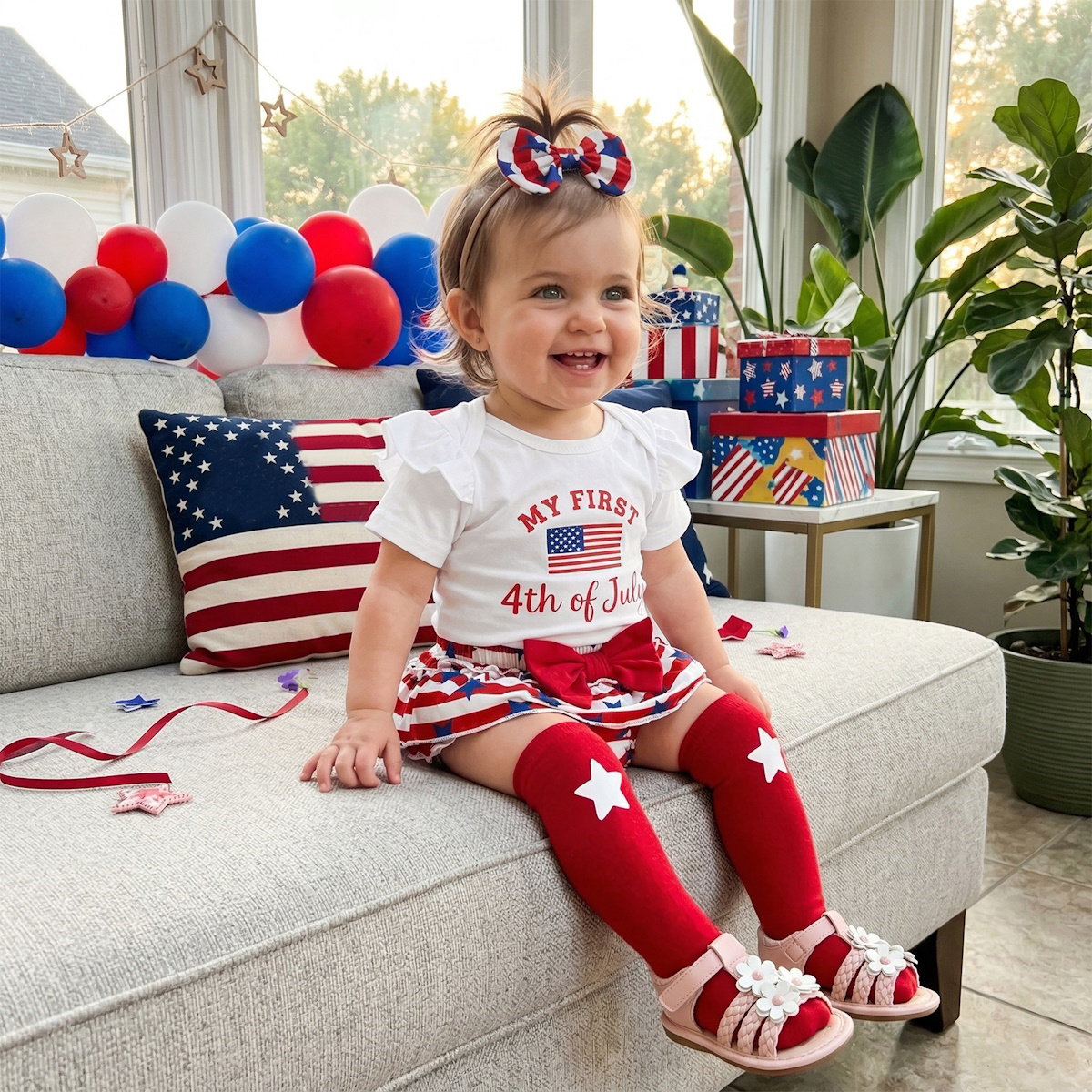 Child in patriotic outfit sitting on a couch with 4th of July decorations. - ChildAngle