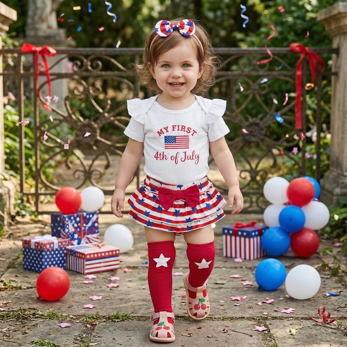 Child celebrating the 4th of July with red, white, and blue outfit and accessories - ChildAngle