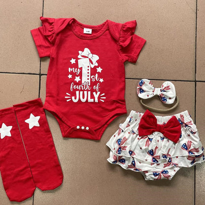 Baby outfit set with red 'My 1st Fourth of July' bodysuit, white Tiered shorts with red bow, and red socks - ChildAngle