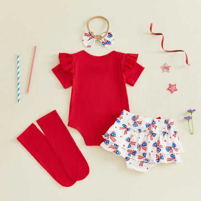 Red baby outfit with ruffled sleeves, matching socks, Bow pattern tiered shorts - ChildAngle