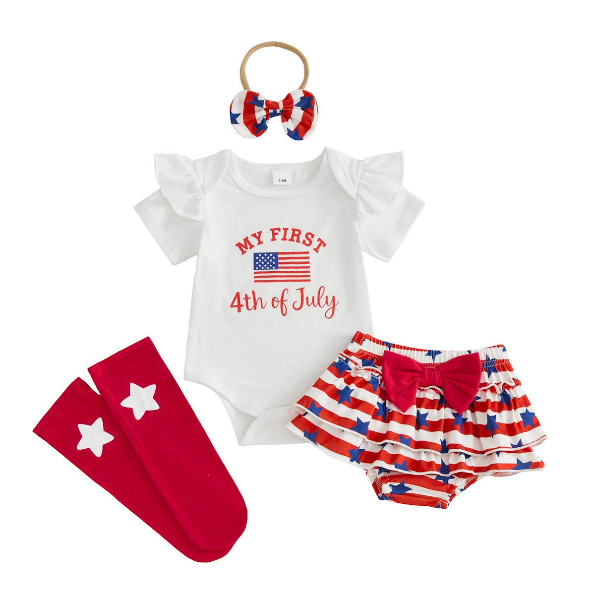 Baby outfit set with 'My First 4th of July' onesie, shorts, socks, and headband - ChildAngle