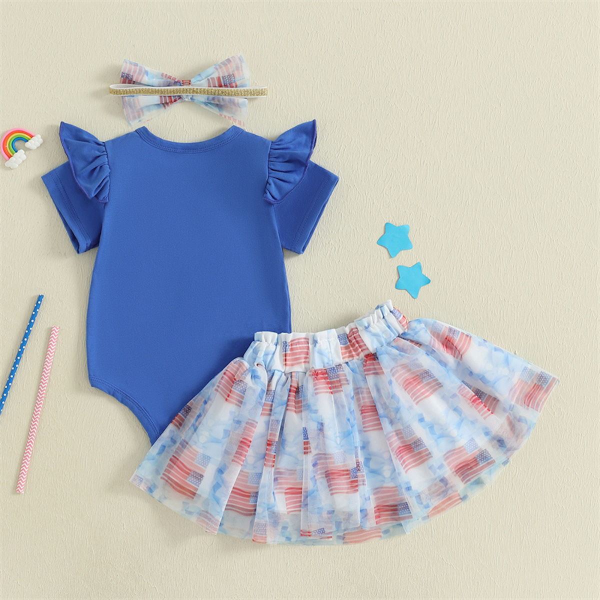 Newborn 4th of July Outfits Girls 3PCS USA American Flag Romper Skirt with Bowknot Headband - ChildAngle