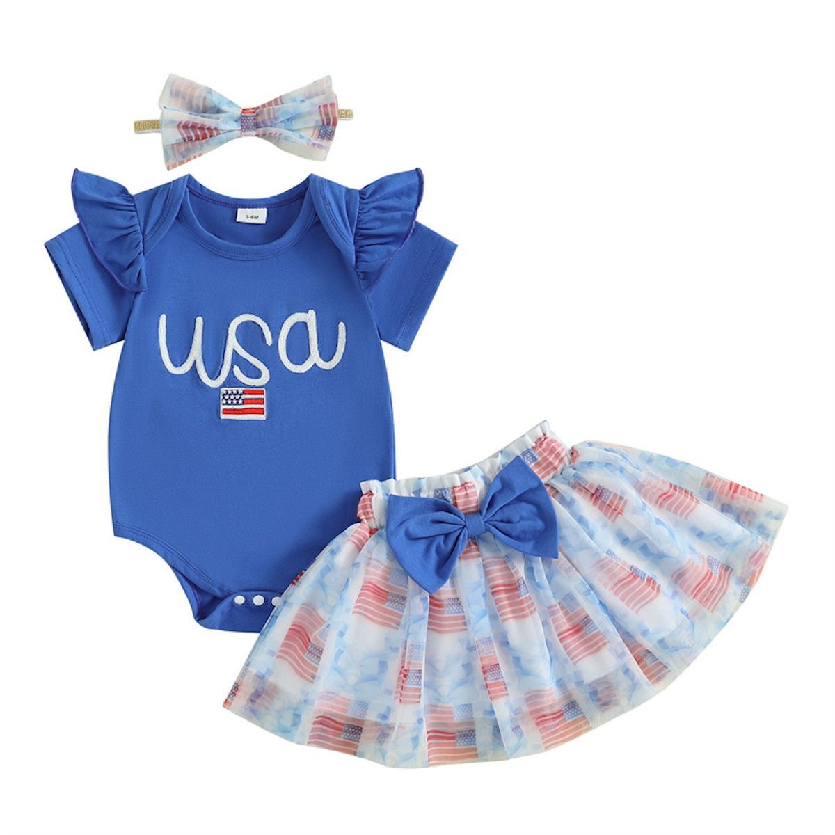 Newborn 4th of July Outfits Girls 3PCS USA American Flag Romper Skirt with Bowknot Headband - ChildAngle