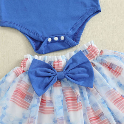 Newborn 4th of July Outfits Girls 3PCS USA American Flag Romper Skirt with Bowknot Headband - ChildAngle