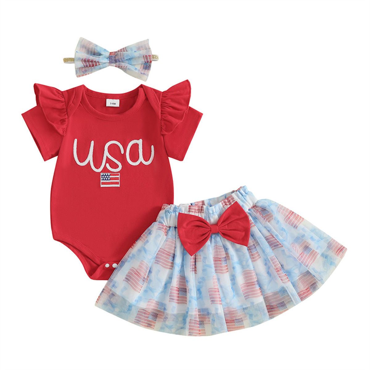 Newborn 4th of July Outfits Girls 3PCS USA American Flag Romper Skirt with Bowknot Headband - ChildAngle