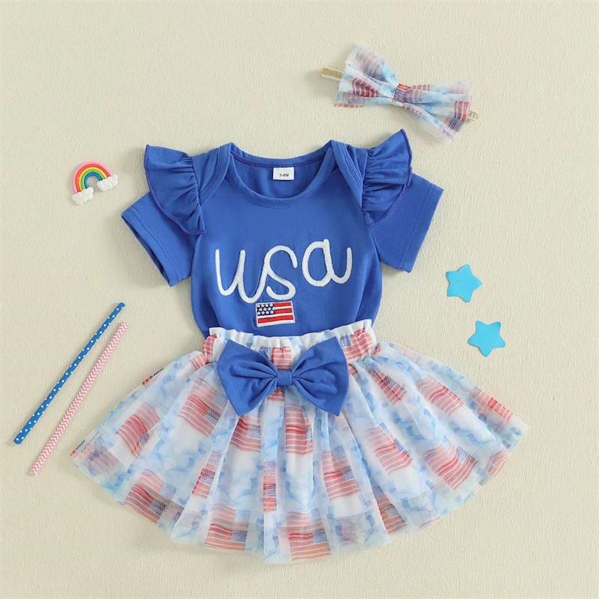 Newborn 4th of July Outfits Girls 3PCS USA American Flag Romper Skirt with Bowknot Headband - ChildAngle