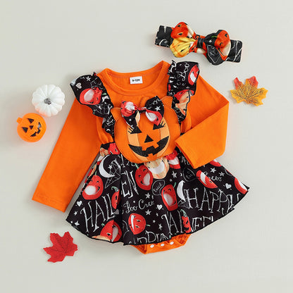 2PCS Halloween Pumpkin Print Long-sleeve Baby Skirt Set with Headband - ChildAngle