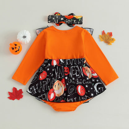 2PCS Halloween Pumpkin Print Long-sleeve Baby Skirt Set with Headband - ChildAngle