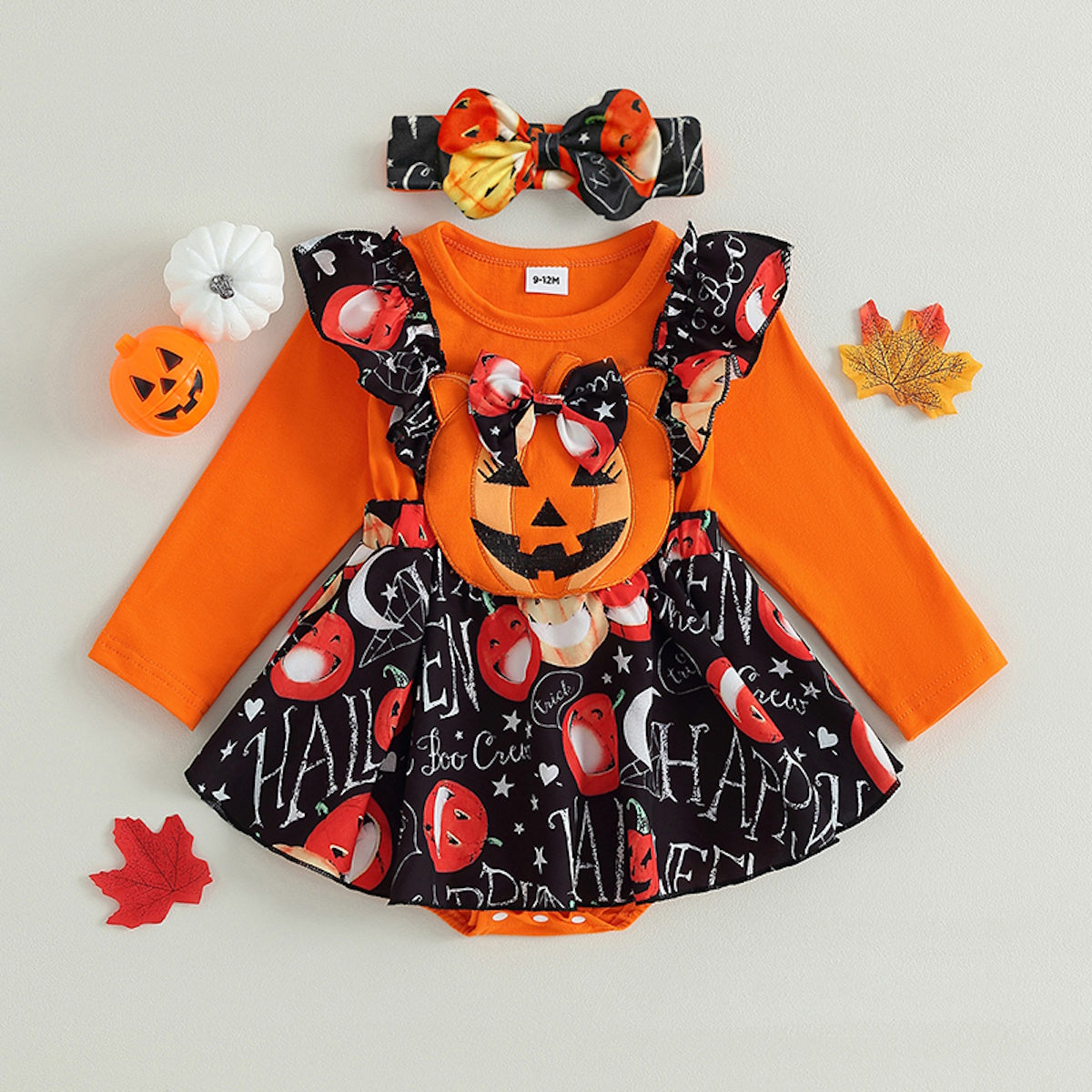 2PCS Halloween Pumpkin Print Long-sleeve Baby Skirt Set with Headband - ChildAngle