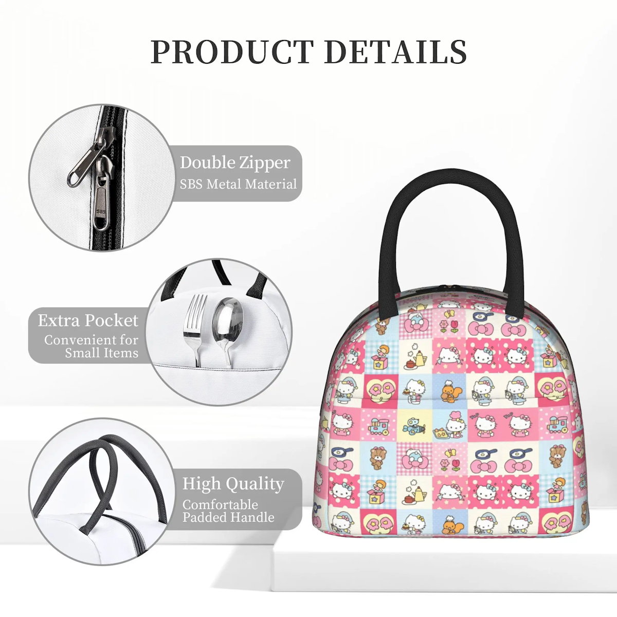 Hello Kitty Lunch Bag Pattern Portable Insulated Tote for School Lunch - ChildAngle