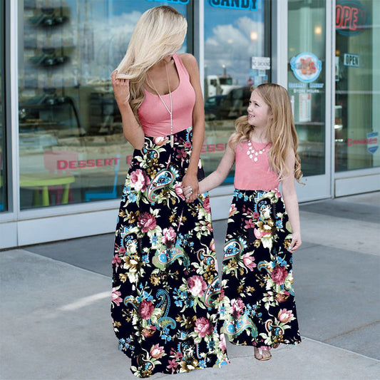 Mommy and Me Matching Dress Pink Floral Tank Top Maxi Dress for Mom and Daughter  - ChildAngle