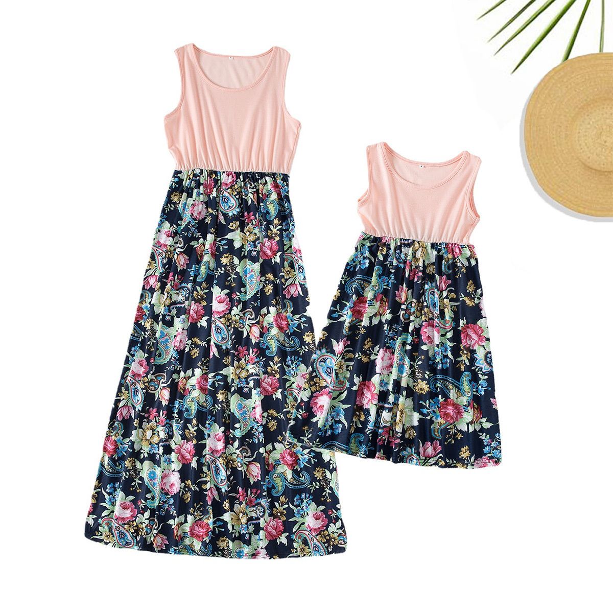 Mommy and Me Matching Dress Pink Floral Tank Top Maxi Dress for Mom and Daughter  - ChildAngle