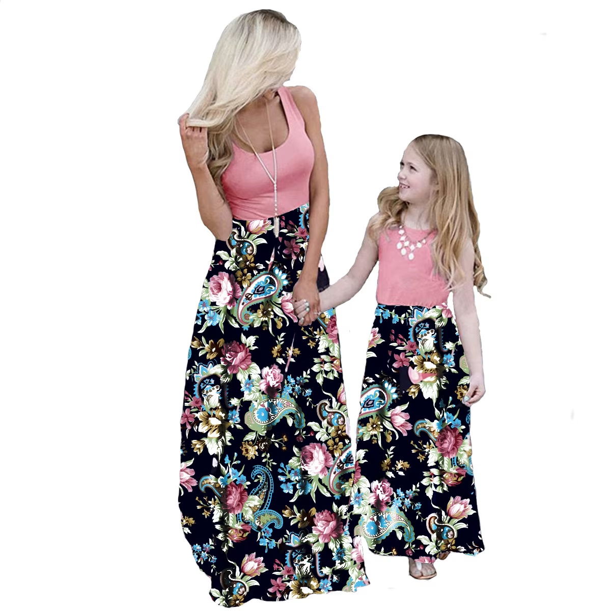 Mommy and Me Matching Dress Pink Floral Tank Top Maxi Dress for Mom and Daughter  - ChildAngle