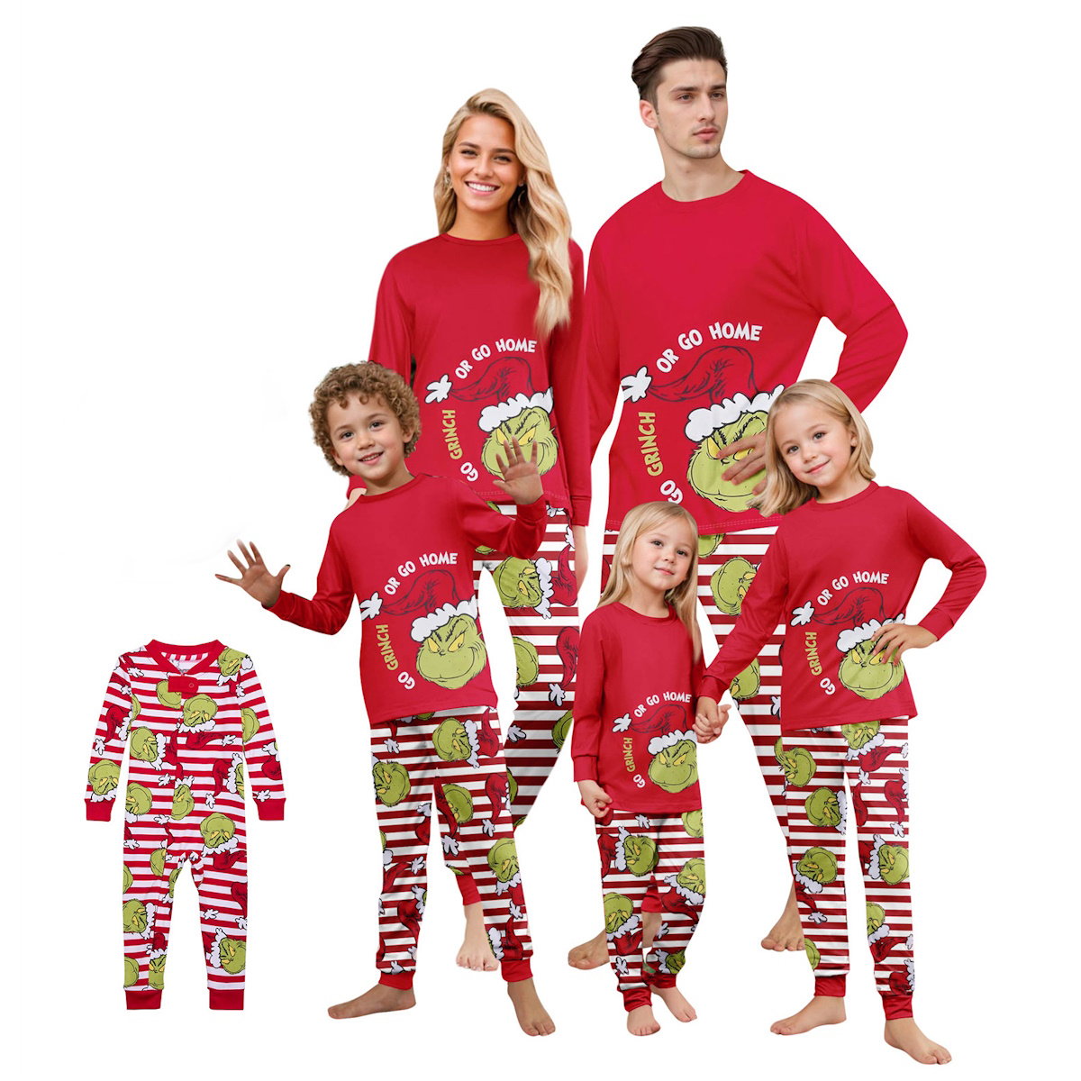 Red Matching Christmas PJS Elf Grinch Pajamas Family Set Santa Hat Striped Christmas Pants - ChildAngle