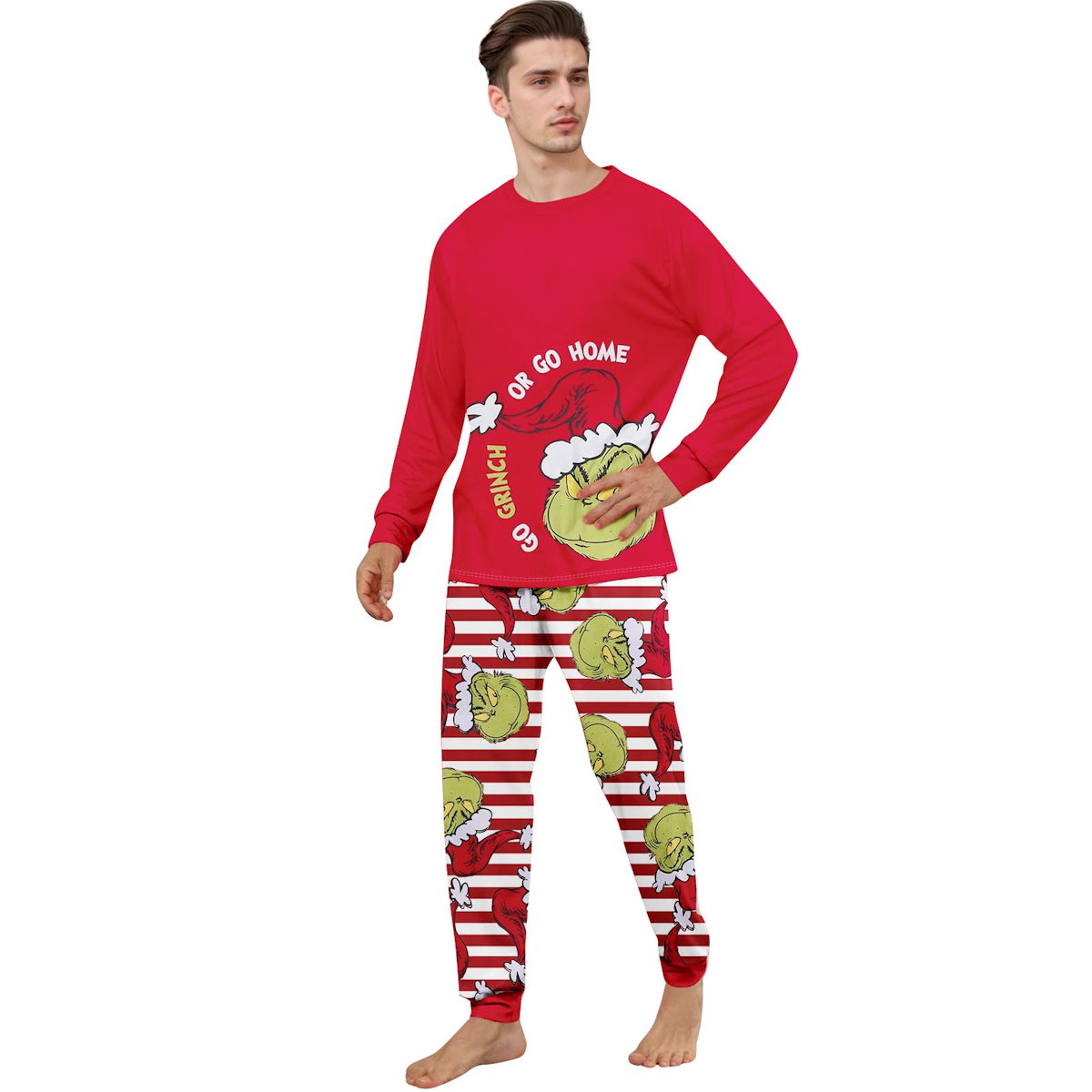 Red Matching Christmas PJS Elf Grinch Pajamas Family Set Santa Hat Striped Christmas Pants - ChildAngle