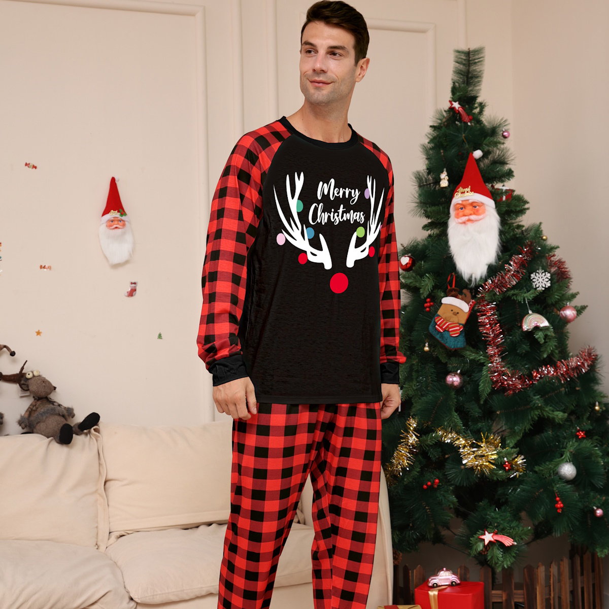 Reindeer Merry Christmas Plaid Checkered Christmas Family Matching Christmas PJS Pyjamas Set - ChildAngle